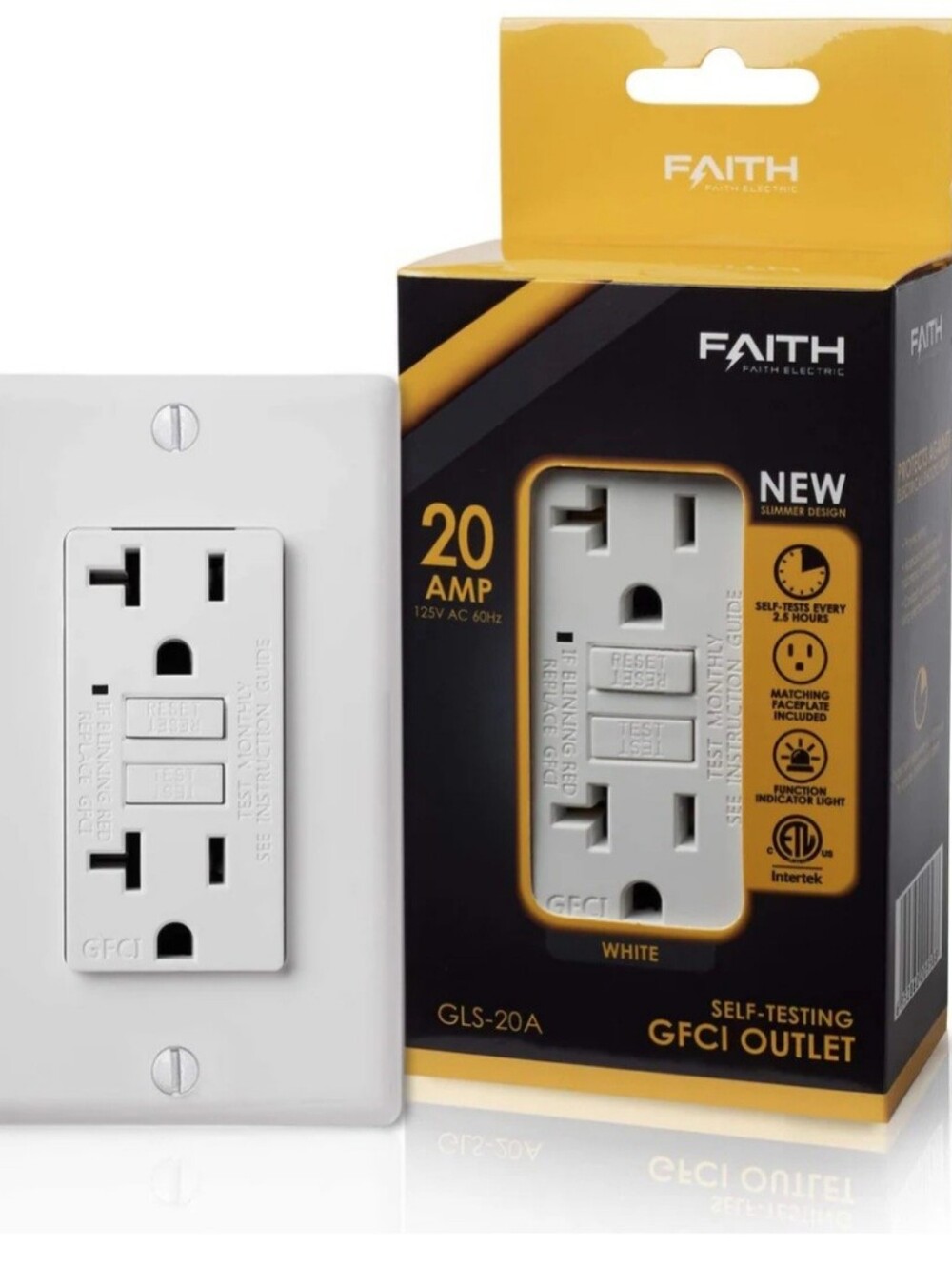FAITH White 20 Amp Self-Testing GFCI Outlet